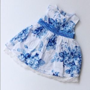 Girls Blue and White Floral Cotton Dress (3-6Mo)